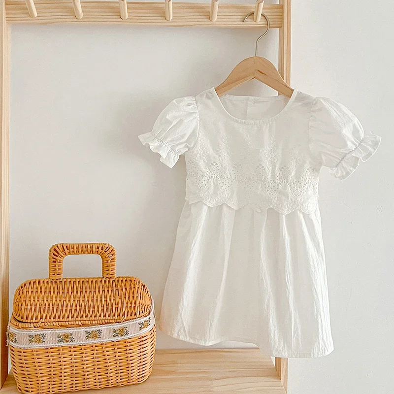 Toddler Clothes Baby Girls Dresses Summer White Lace Puff Sleeve Clothes Birthday Party Princess Dress Kids Sundress Dresses
