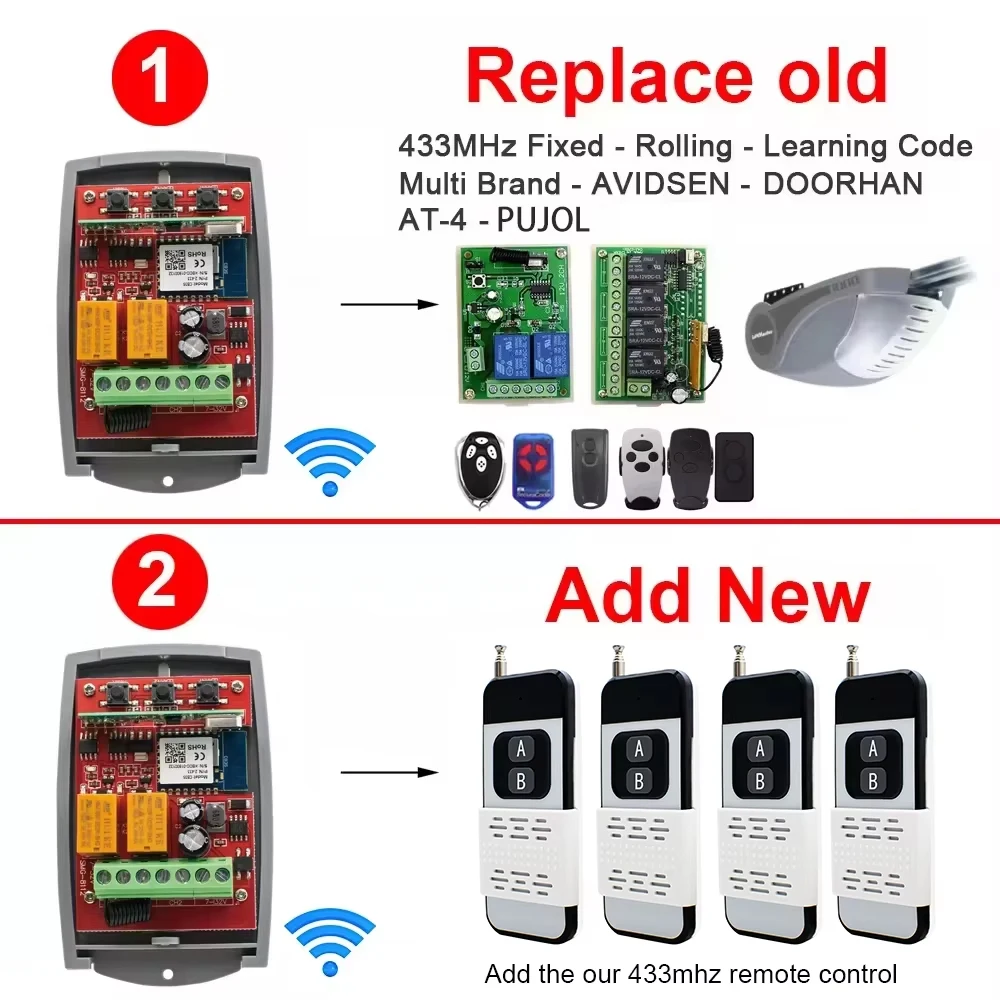 Smart Tuya  Wifi Garage Door Opener Controller Open Gate Rf Switch Module 2ch 7-250v Receiver With 1/2/4 Buttons Transmitter