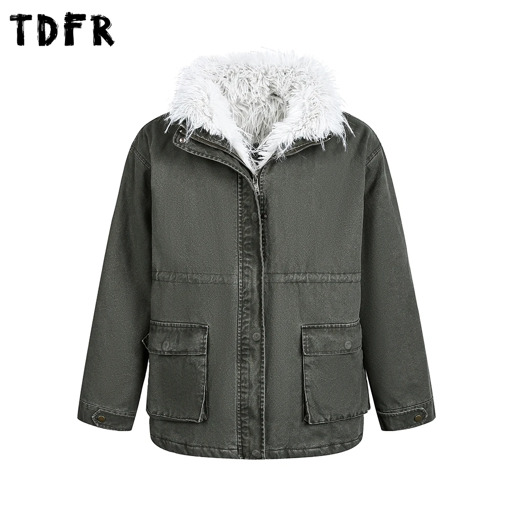 

Plush Spliced Cargo Parkas Mens Pocket Winter Retro Washed Distressed Lapel Long Sleeve Quilted Jacket Man