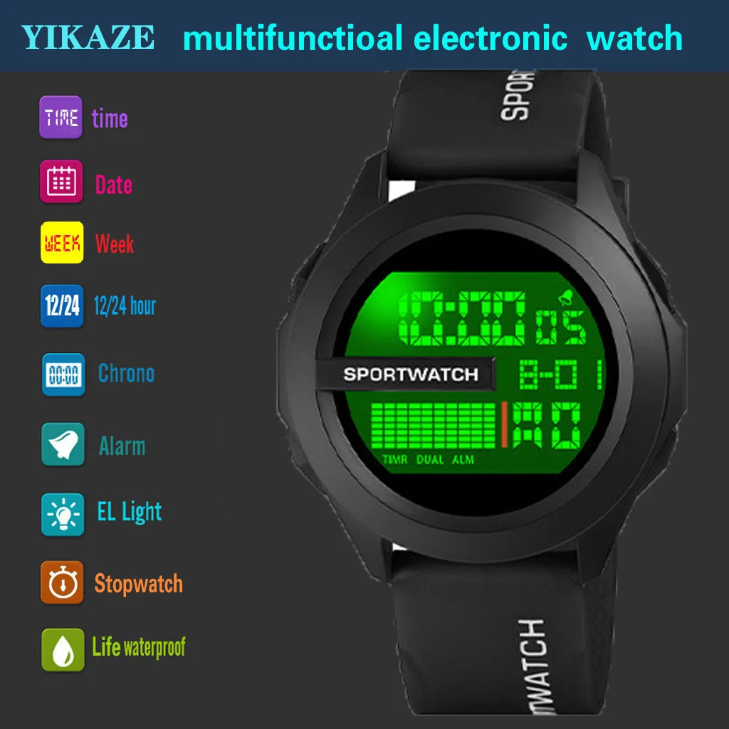 YIKAZE Men Sport LED Watches Top Brand Men Digital Clock Multi-Functional Rubber Man Fitnes Athlete Timekeeping Electronic Watch