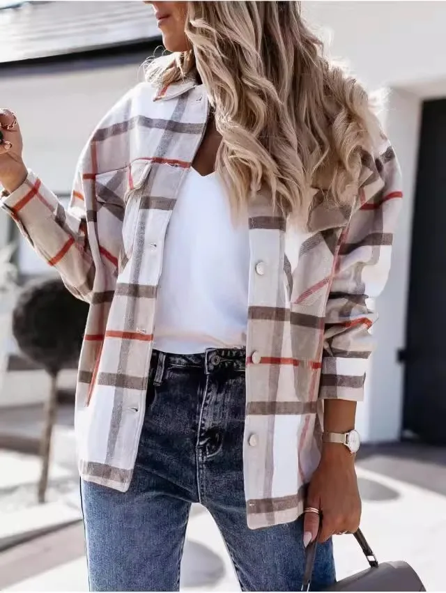 Women\'s fashion hot selling autumn and winter long sleeved plaid shirt jacket, versatile and loose for commuting