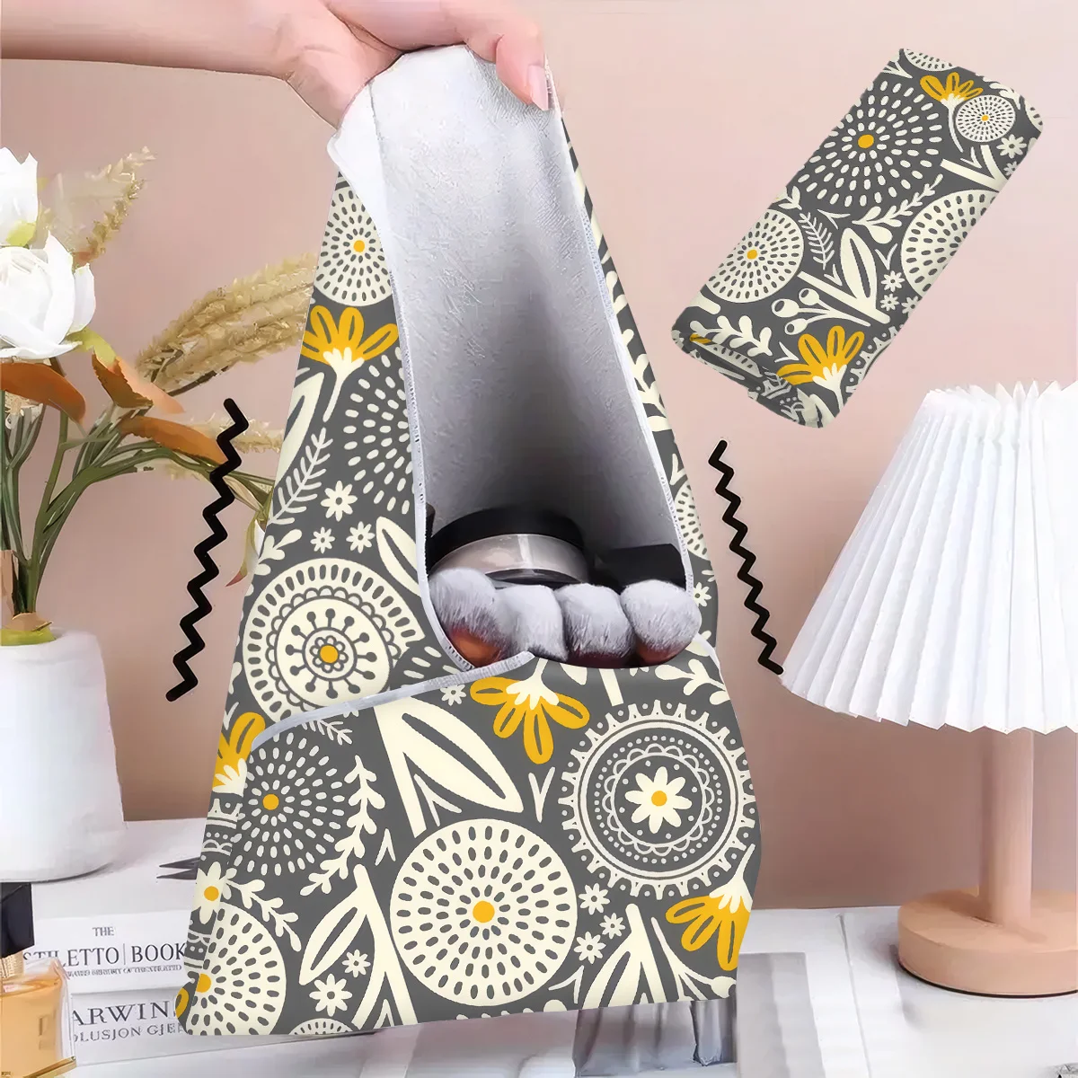 1pc Self-Adhesive Magic Universal Wrap Cloth] 2D Flat Nordic Minimalist Floral Print Pattern Self-Adhesive Fabric Makeup Bag
