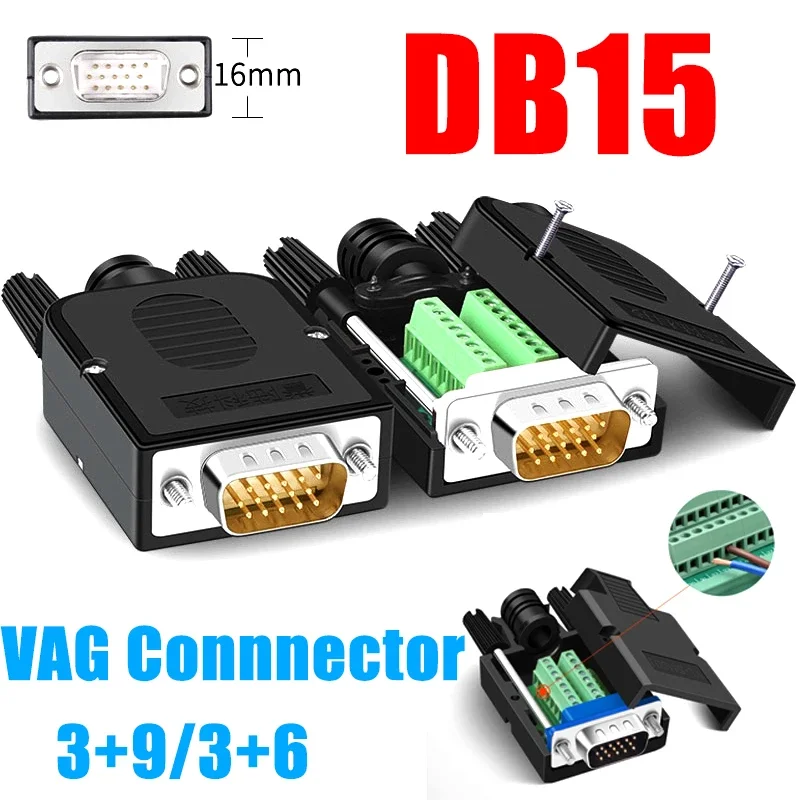 VGA DB15 Solderless Connector 15Pin 2+6/3+9 Breakout Terminal Joint Weld-Free 3-row Male Female Computer Monitor Projector Plug