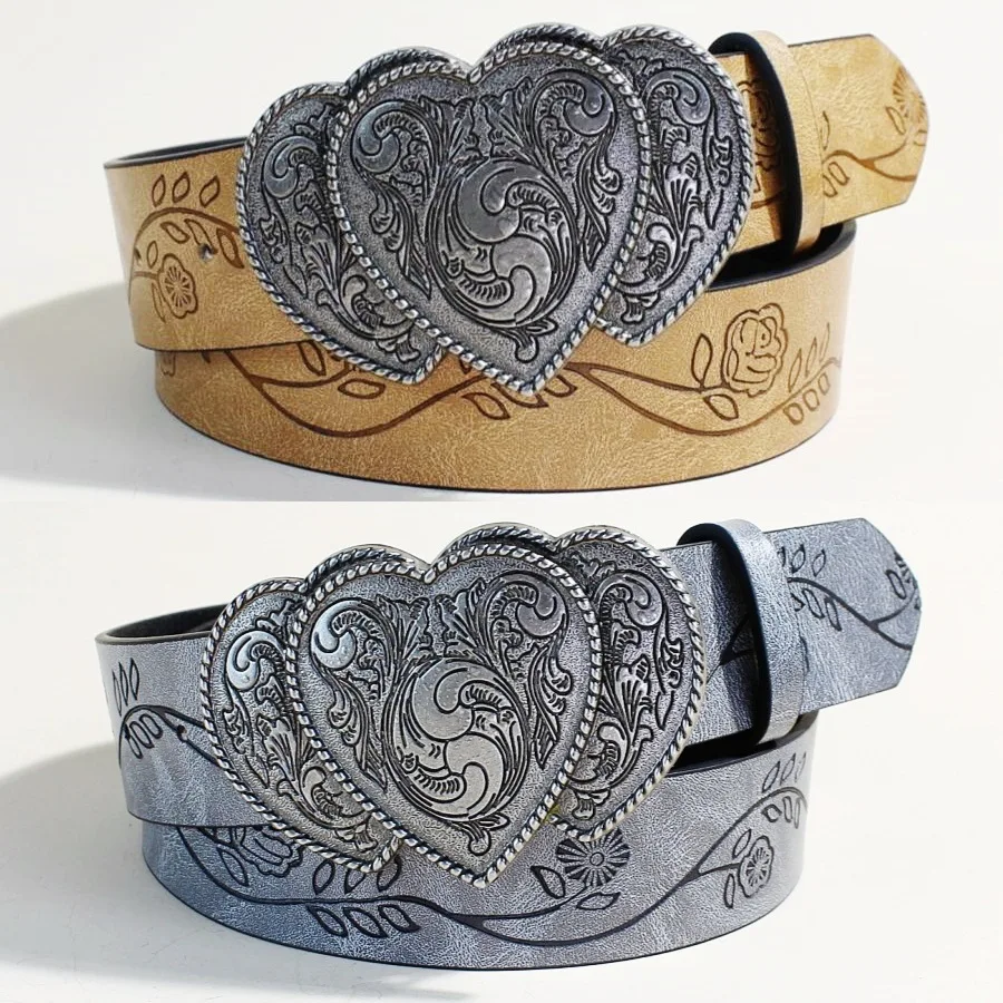 Women's Retro Love Buckle PU Leather Belt Fashion Leisure Daily Commuting Western Cowboy Punk Jeans Waistband