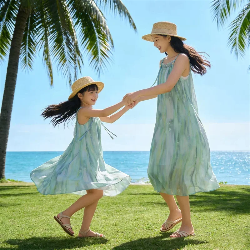 Mother Daughter Matching Sleeveless Maxi Dress Gradient Print Chiffon Summer Beach Vacation Casual Family Mommy & Me Outfit