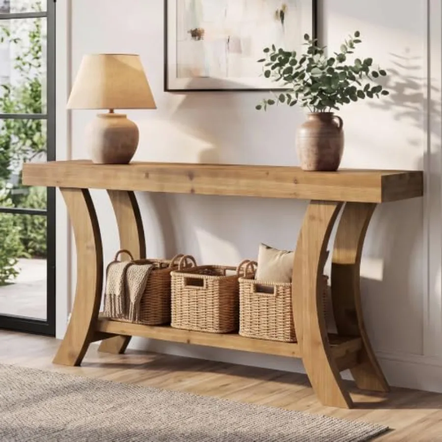 Farmhouse solid wood console table for living room, natural wood color, spacious storage shelf and rustic charm