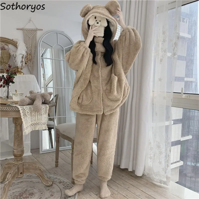 

Warm Kawaii Women Pajama Sets Chic Soft Newest Thicker Solid Females Sweet Hooded Cozy Simple Loose Homewear Ulzzang Winter