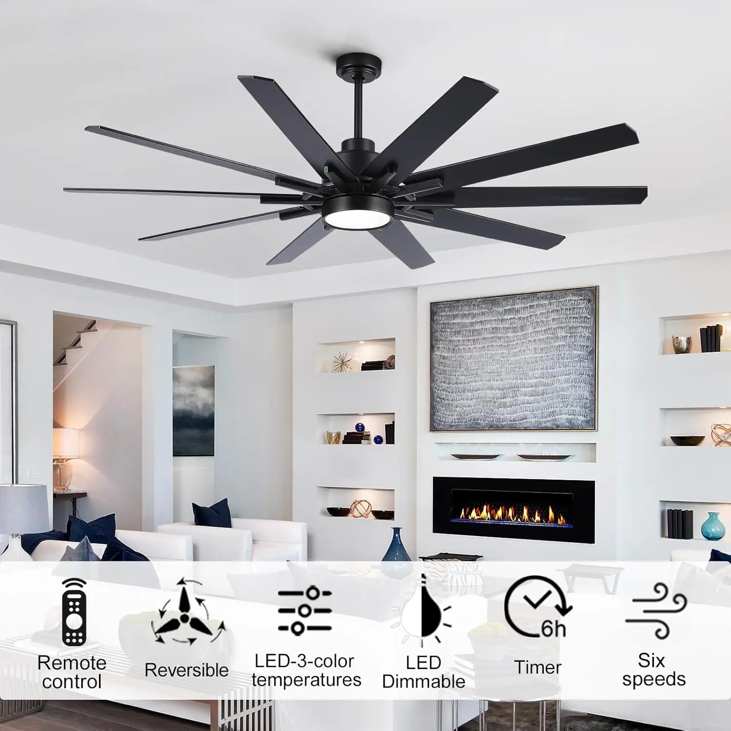 72 inch Large Black Ceiling Fans with Lights and Remote,Industrial ceiling fan DC Motor, 3CCT,10 Blades