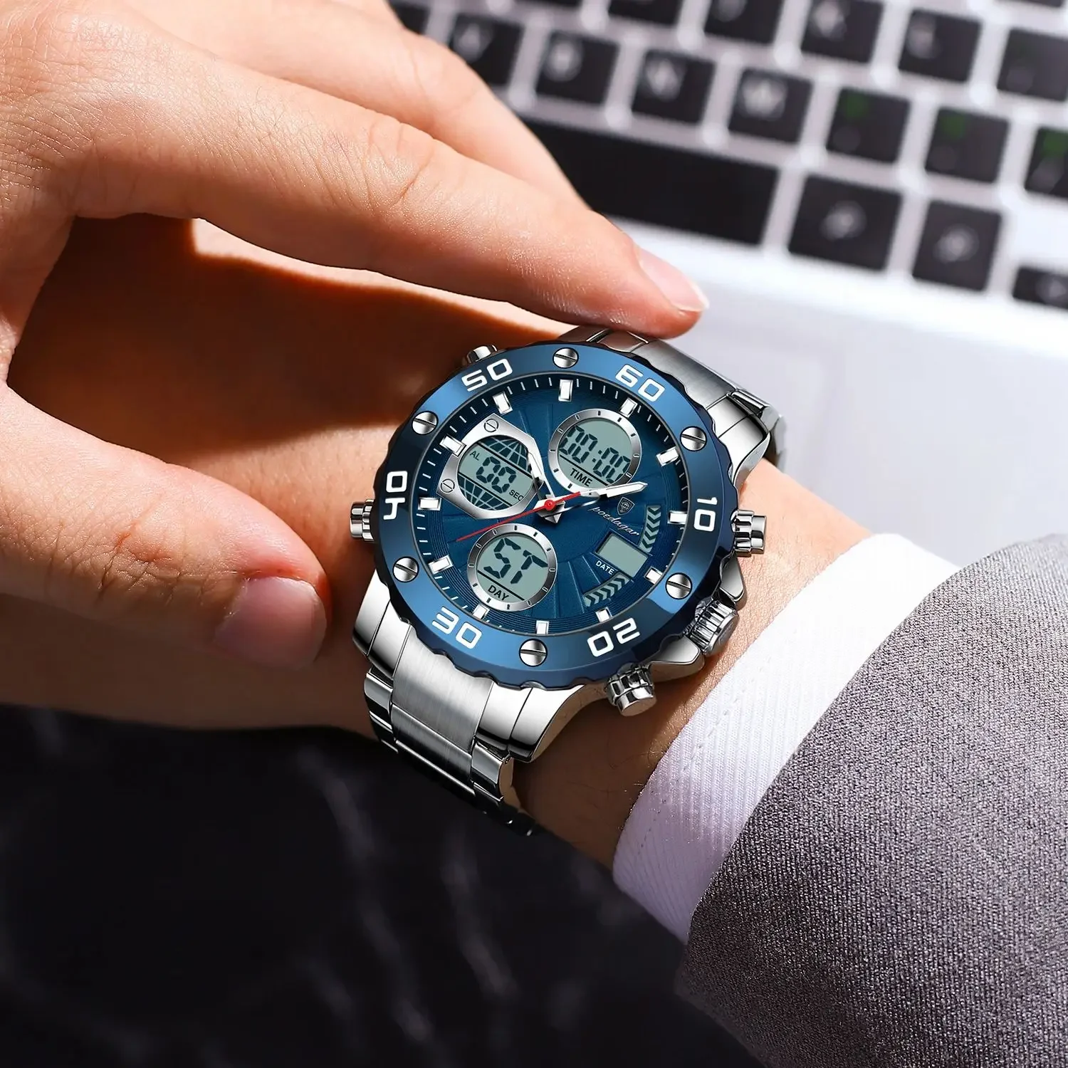 POEDAGAR Sport Wristwatch for Man LED Alarm Dual Time Display Digital Quartz Men Watch Electronic Waterproof Men's Watches Reloj