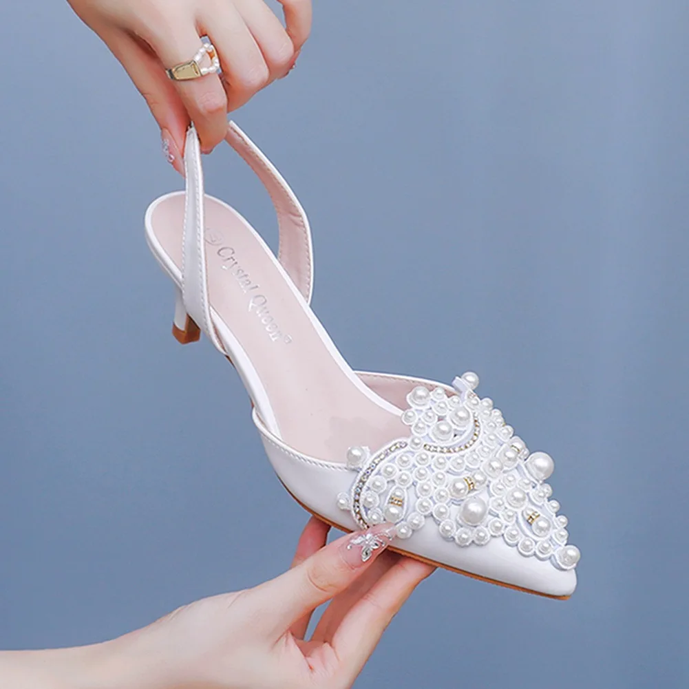 

5cm New White Wedding Shoes Bridesmaid Shoes Women's Lace Shoes Fashion High Heels Pearl Pumps