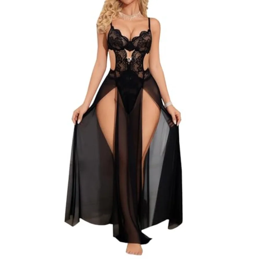 

Hilinker Women's Sheer Lace Lingerie Dress Sexy Long See Through Mesh Chemise Nightgown with Thong