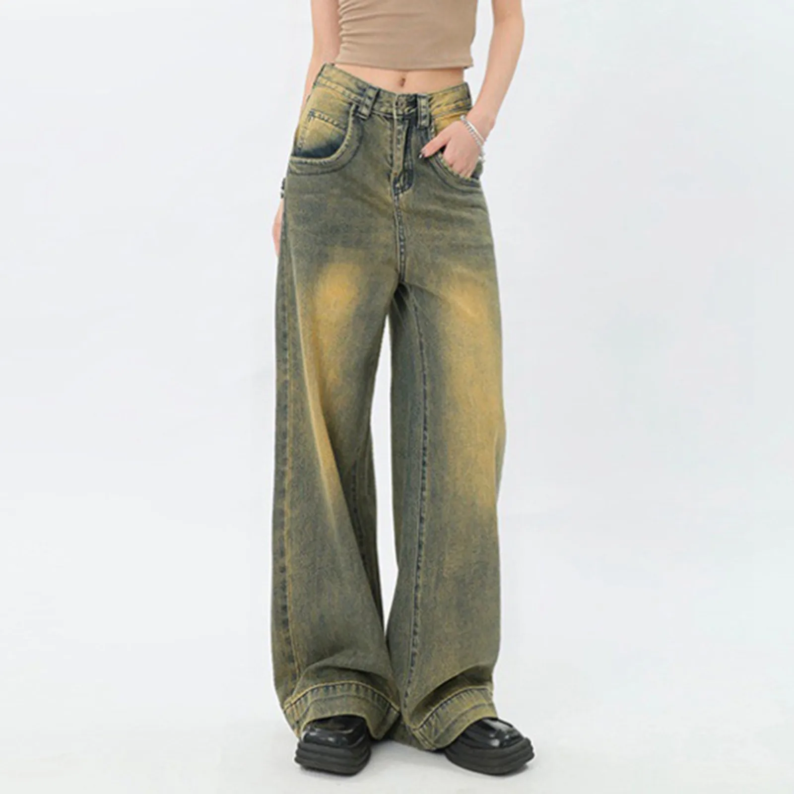 

Yellow Retro Women Denim Trousers Distressed Wide Leg Jeans High Waist Loose Straight Denim Pants Ankle Length Women Pants