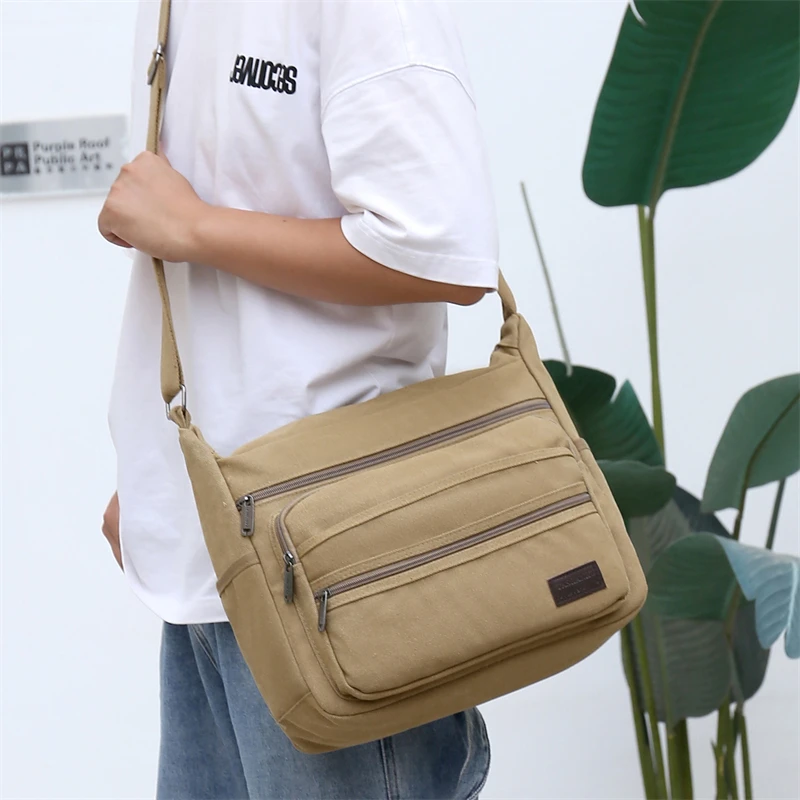 Men's Canvas Shoulder Bag Casual Travel Crossbody Bags for Men Luxury Messenger Bags Multi Pocket Large Capacity Sling Bag Men