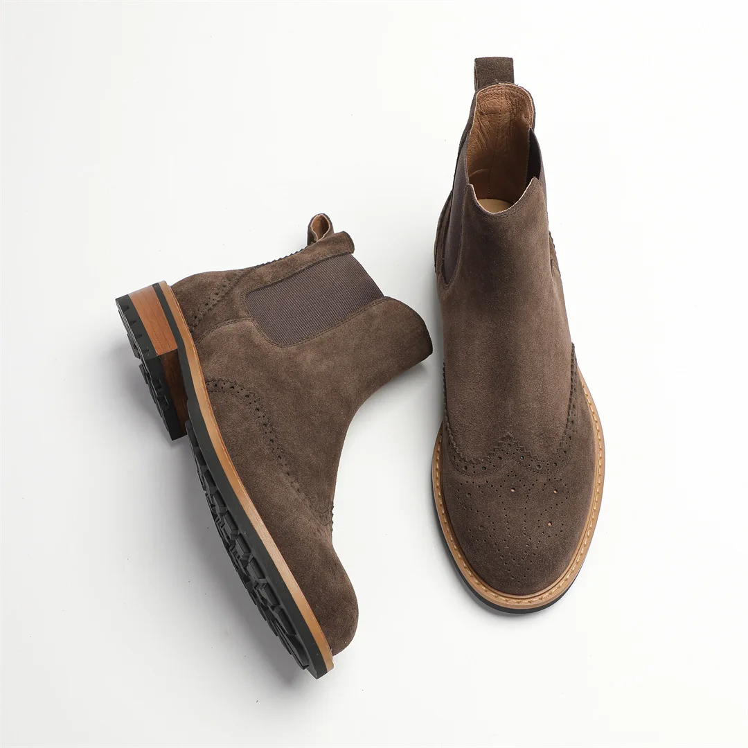YETTIES Men's Autumn Chelsea Boots, Suede Leather Thermal Lined High Top with Brogue Detailing, British Casual Style