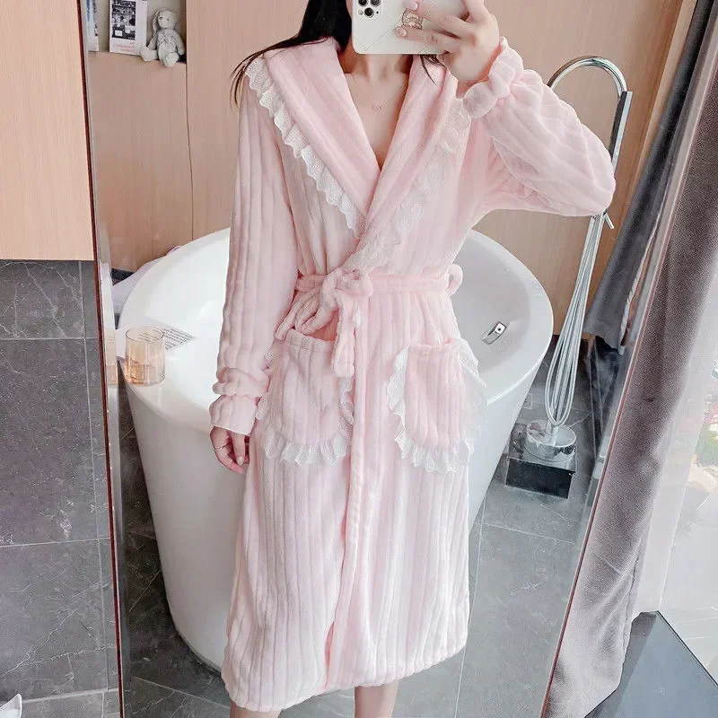 Homewear Women Pajama Fleece Warm Wears Sleepwear Robe Solid Belt Winter Sleeve Lace For Nightgown Night 2023 Long Nightdress