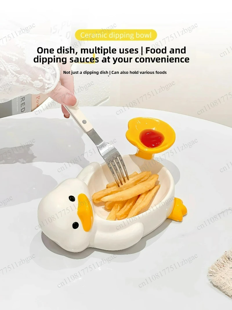 Duck Shaped Ceramic Plate, Home Use, Snack & French Fries Serving Tray, Creative Hot Pot Dipping Sauce Seasoning Dish