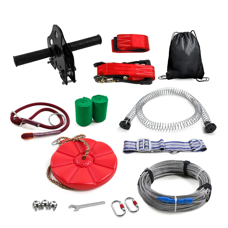 Juego de poleas de alambre para niños, polea de mano con cremallera DIY para exteriores con cruce de columpio