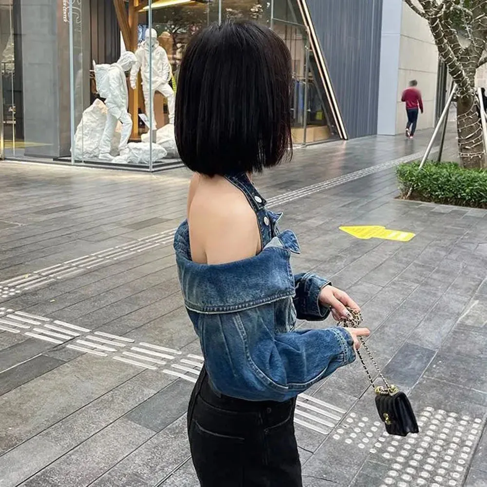 2024 Early Spring Temperament Denim Jacket Sexy Hot Girl Halter Shirts Tops Streetwear Long Sleeve Slim Jean Blouses Female Coat