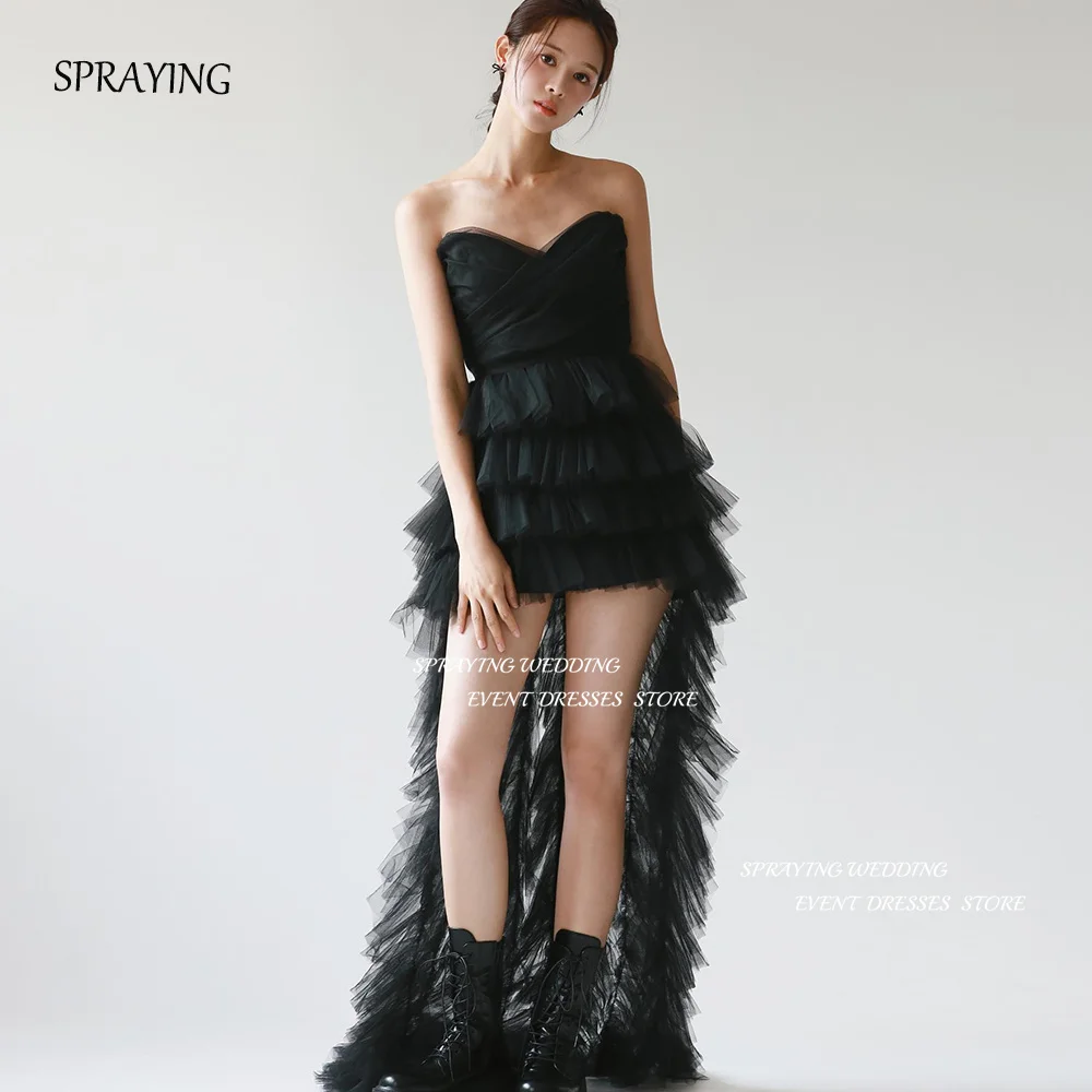 SPRAYING Hi-Lo Party Dresses Sweetheart Collar Tiered Pleat Tulle Sweep Train Bridal Gown 웨딩드레스 Photo Shoot Wedding Custom Made