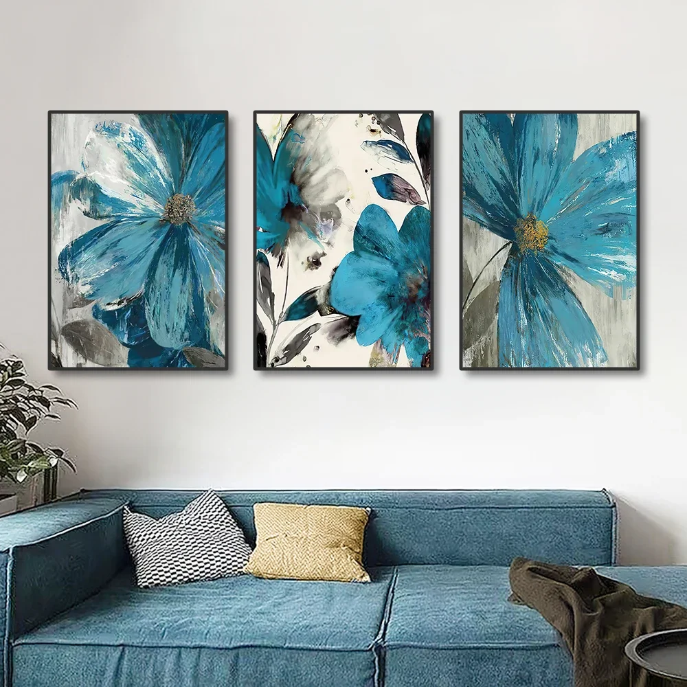 3pcs Blooming Life Botanical Print Wall Art Canvas Paintings Vintage Blue Paint Flowers Living Room Posters Wall Art Decoration
