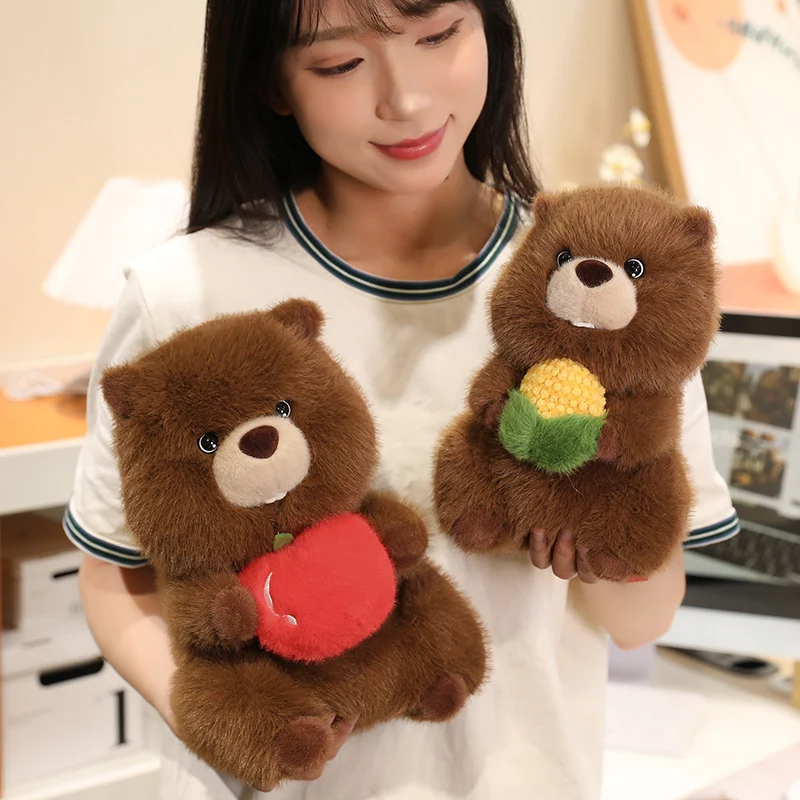 25-50cm Brown Groundhog Holds Apple Corn  Fruits Vegetables Plush Animals Dolls Pillow Super Soft Toys Home Decoration Gifts