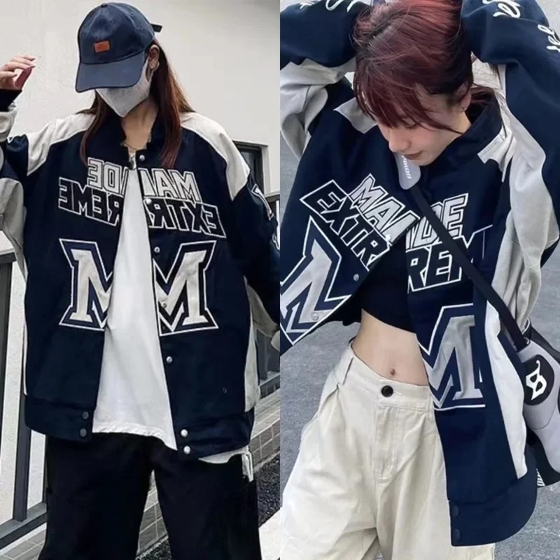 Embroidery Jacket Retro Street High Street Heavy Industry Racing Motorcycle Jacket Retro Color Block Letters Chic Loose Coat New