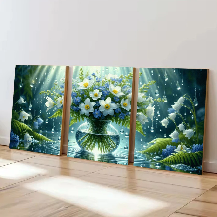 Still Life Flowers and Vase Picture Diy Diamond Art Painting Triptych Floral Full Drill Mosaic Embroidery Kits 3 Pieces/Set