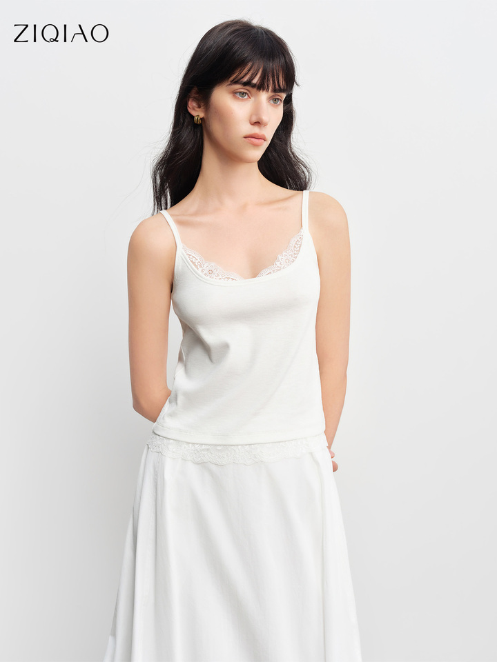  ZIQIAO 2026 Spring New Arrival: Elegant Stylish Fine Ribbed Slim-Fit Lace Trim Strapless Layering Top Base Layer Women Camis 