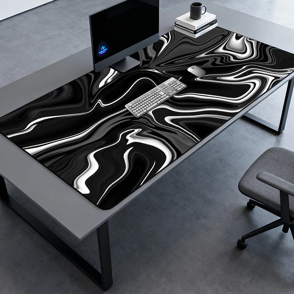 Liquid Swirl Mouse Pad Deskmat Playmat Gaming 140x60 Full Desk Pad White Gamer Mat Large Nonslip Black Premium Mousepad Mat
