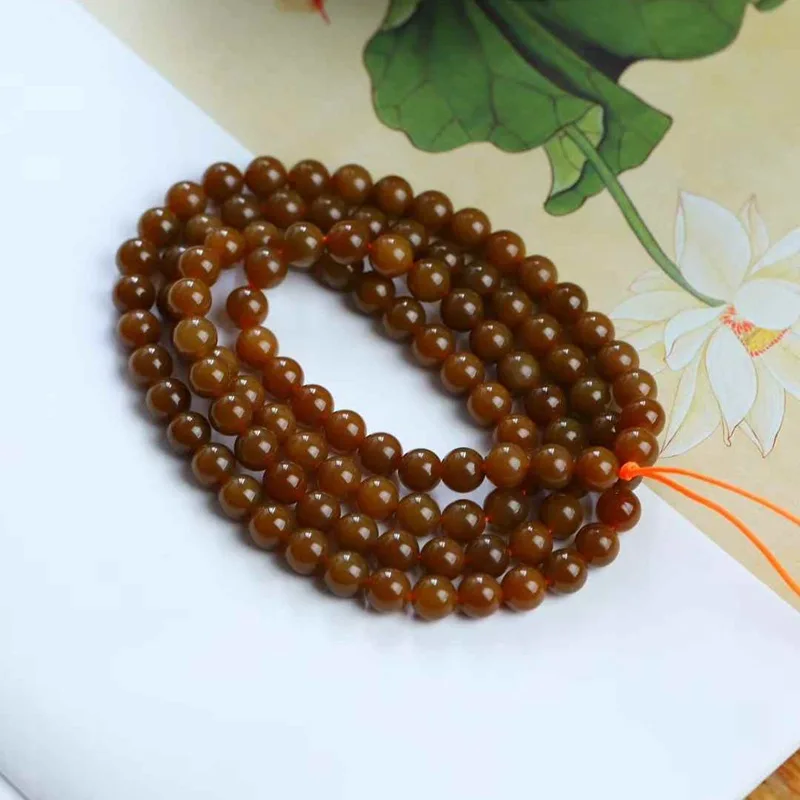 

Natural Hetian Jade Qiemo Old Material Full Red Sugar Plain 108 Beads Necklace With Certific