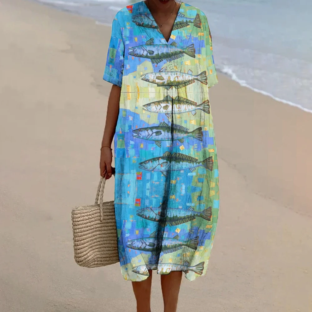 

Women's Sardine Print Beach Dress Sardines Lover Skirt Summer Seaside Sardine Pattern Wears Beach Vacation Long Dress