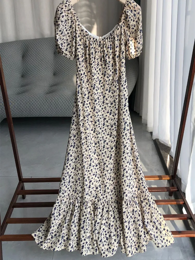 Two Ways Wearing Women Midi Dress Floral Printed Square Collar Puff Sleeve 100% Viscose Off-Shoulder Female Retro Robe