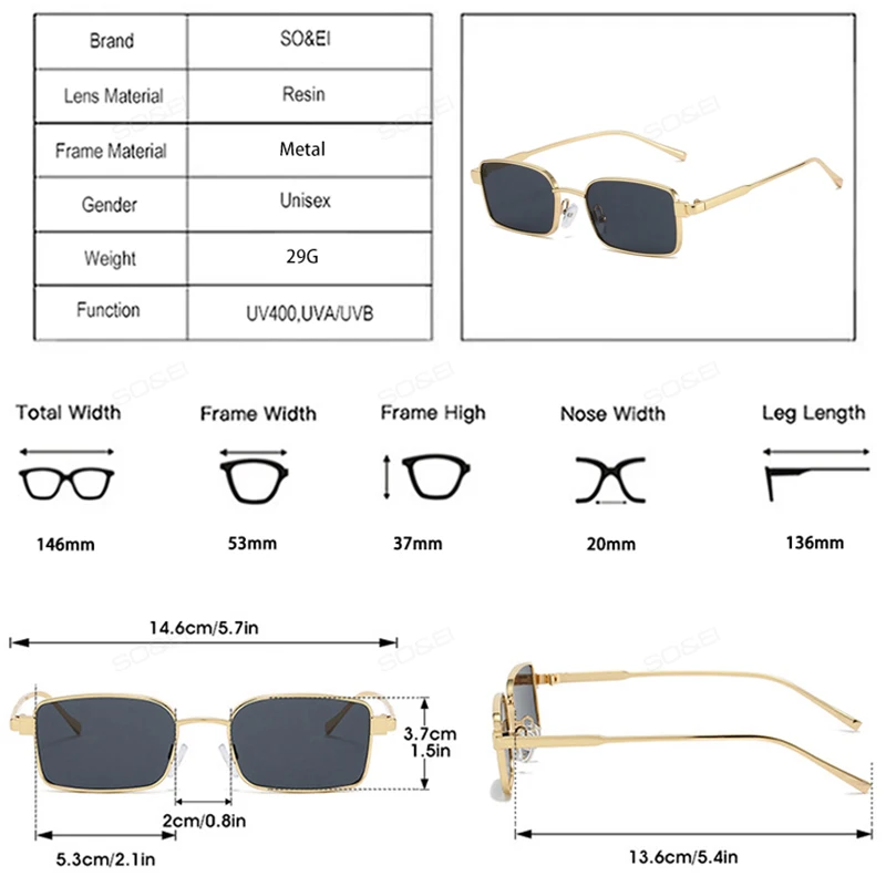 SO & EI جديد المعادن مستطيل النساء النظارات الشمسية موضة التدرج ظلال UV400 الرجال الشاي الأزرق فاسق نظارات شمسية
