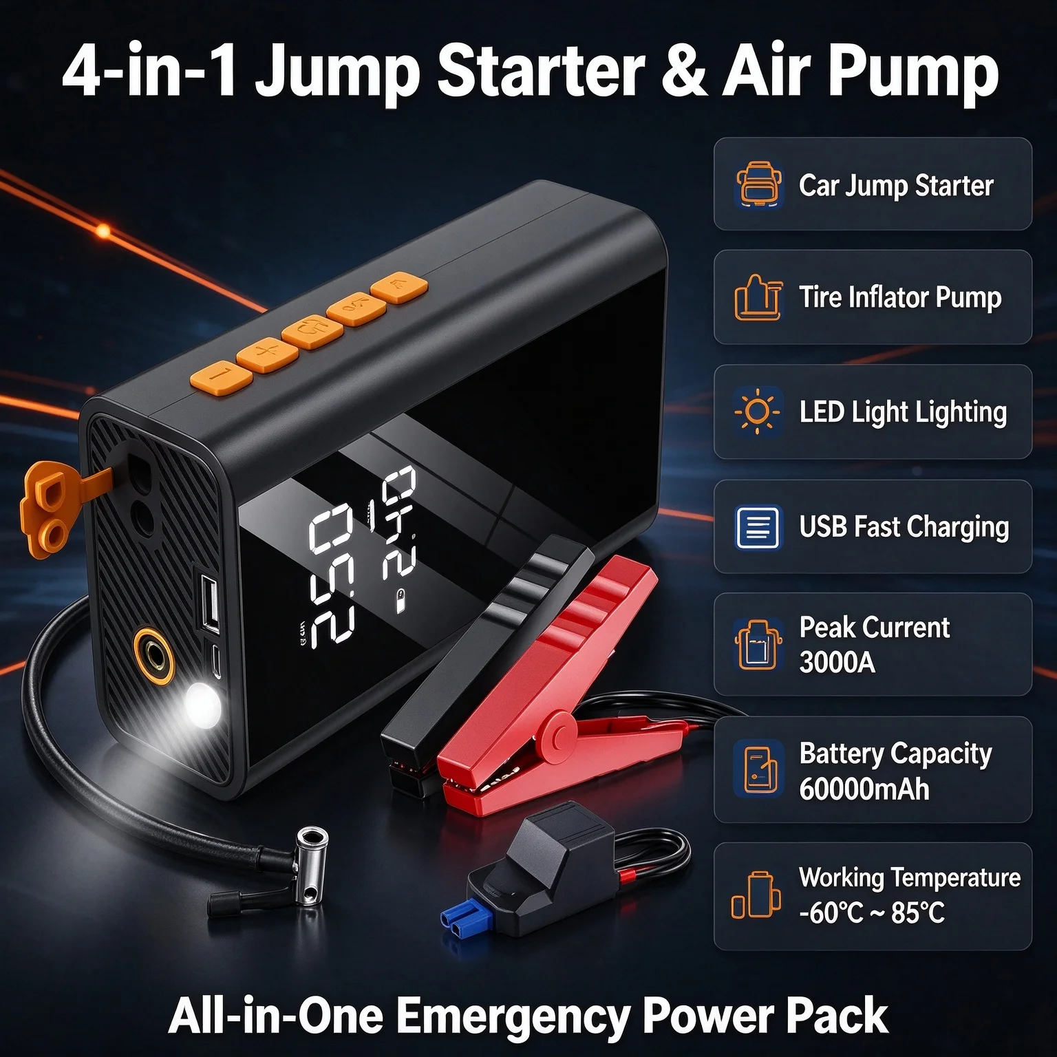 3000A 4 In 1 Car Jump Starter Portable Power Bank 150PSI Auto Air Compressor Wireless Tire Pump Battery Booster Starting Device