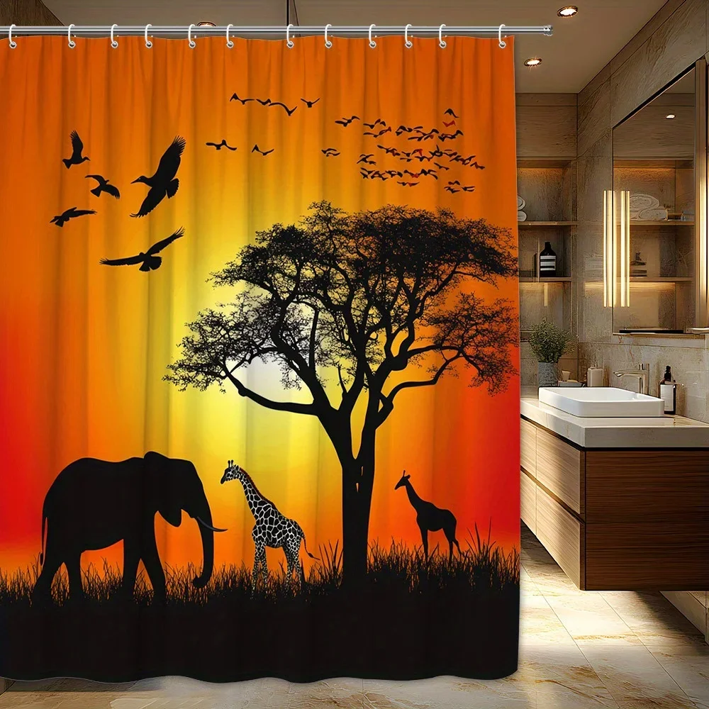

1 шт., занавеска для душа в африканском стиле «Дикая природа» — силуэт заката слона и жирафа с птицами, яркая оранжево-желтая полиэфирная ткань