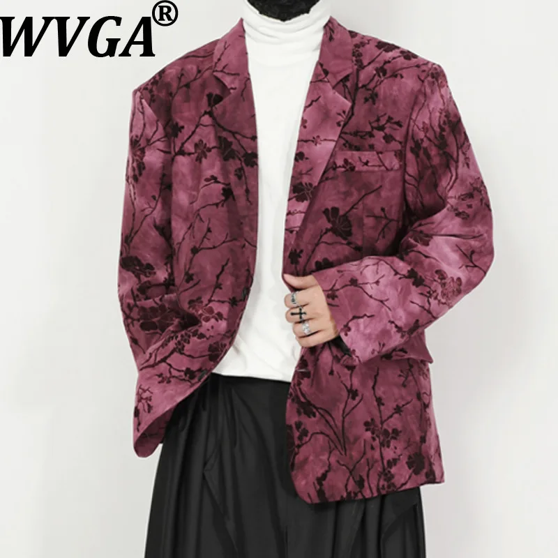 

WVGA Spring Autumn New Men Printed Trendy Turn-Down Collar Blazer Oversized Niche Chic Casual Floral Flocked Suit Jackets W15913