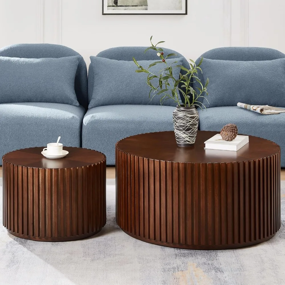 Round Wood Coffee Table Set of 2, Handcraft Drum Side Table End Tables for Living Room, Modern Circle Wooden End Tables Set