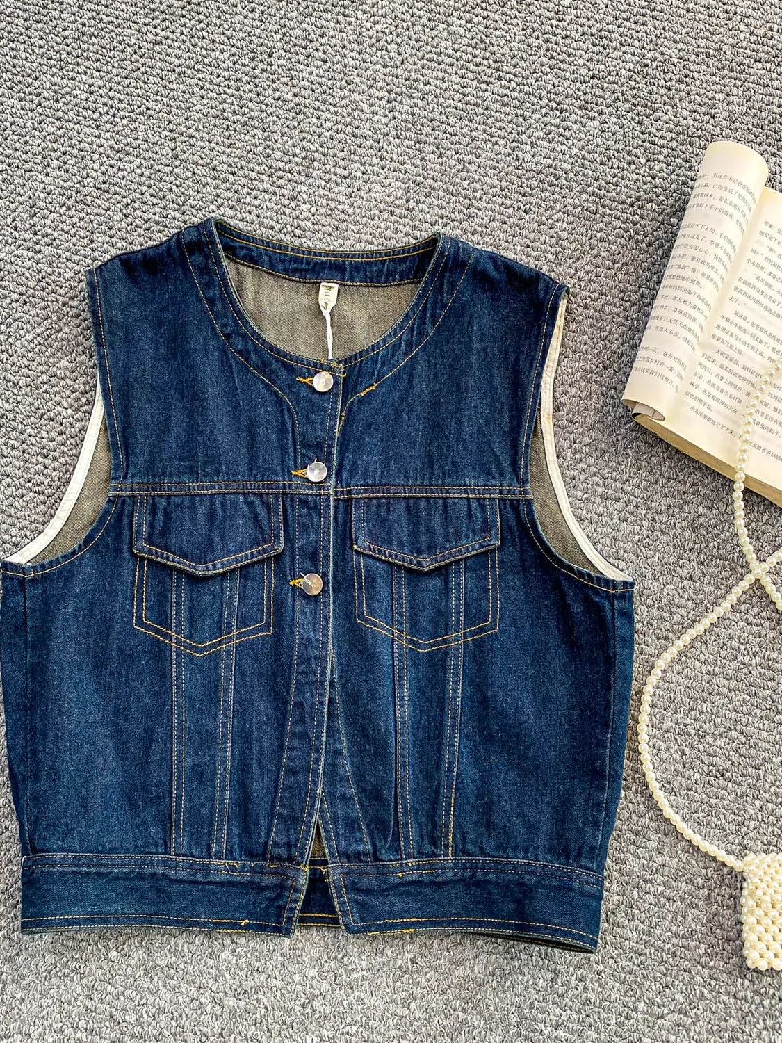 

Retro Chinese Sle Deep Blue Denim round Ne Vest Women's Slim Fit ort Top Single Button Commute Faion
