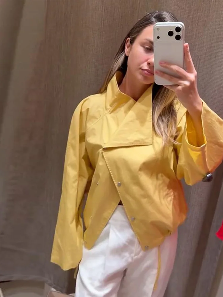 Stehkragen-Jacke mit Seitenverschluss und Kordelzug am Saum, Oversize-Jacke für Damen, Streetwear, Langarm, Einreihig, Lockerer Mantel, Neue Damen-Oberbekleidung – Detail 9