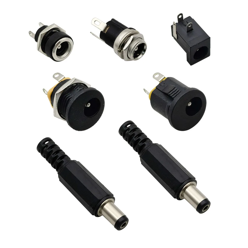 Conector macho fêmea dc power jack 5.5x2.1mm 5.5*2.1 dc tomada de alimentação porca adaptador de montagem em painel tipo solda conector de fio