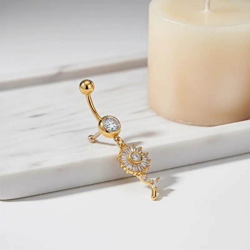 Belly Button Rings Shiny Golden Zircon Stainless Steel Skin-Friendly Navel Jewelry for Summer Beach Swimming Use