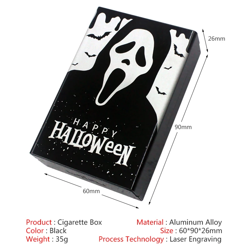 Black Red Scary Style Aluminium Metal Cigarette Case Box Custom LOGO Ghost Skull Pumpkin Halloween Party Smoking Gift For Man