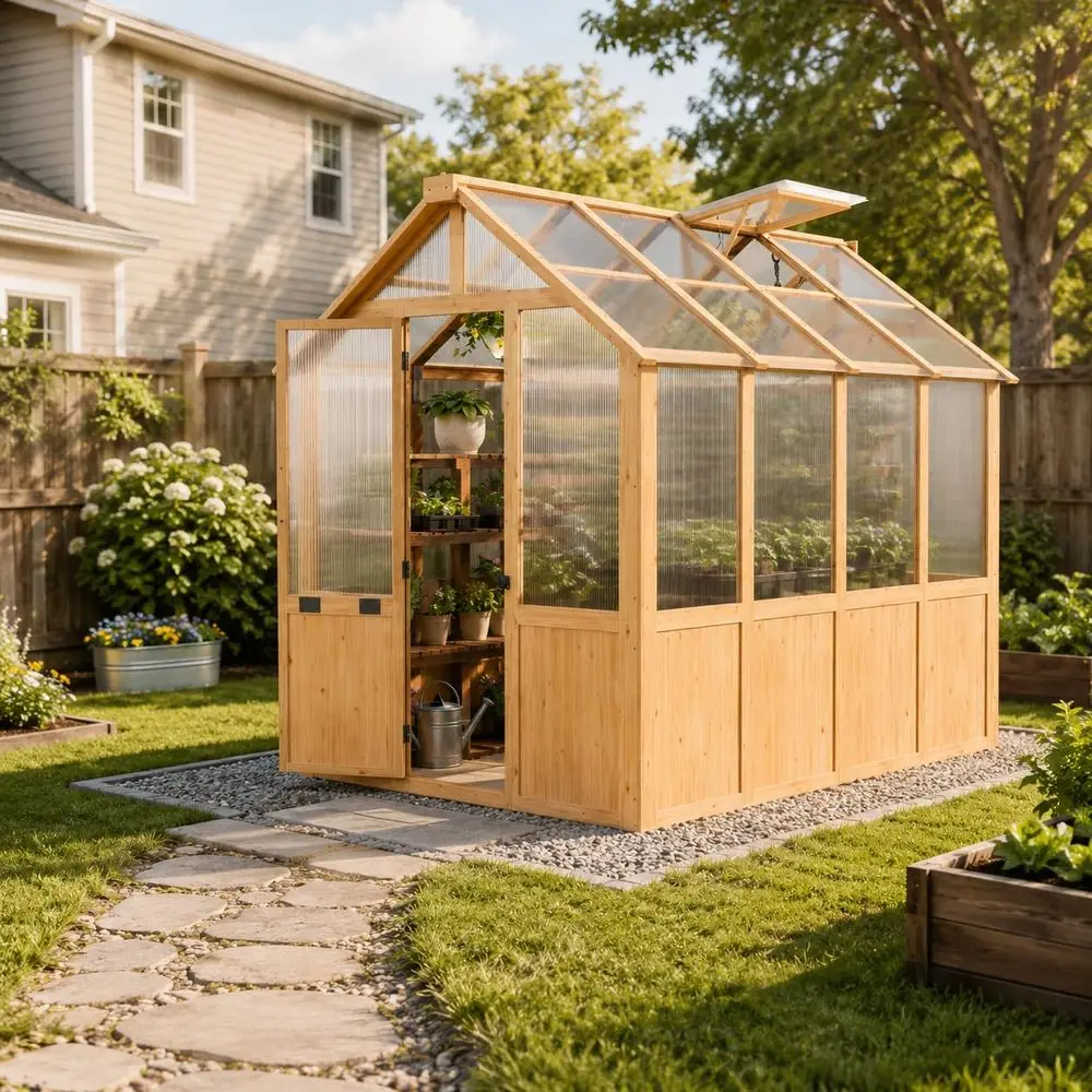 

6x8 FT Wooden Greenhouse for Outdoors, Walkin Greenhouse Kit with 4mm Polycarbonate Panels, Adjustable Roof Vent, Lockable Door