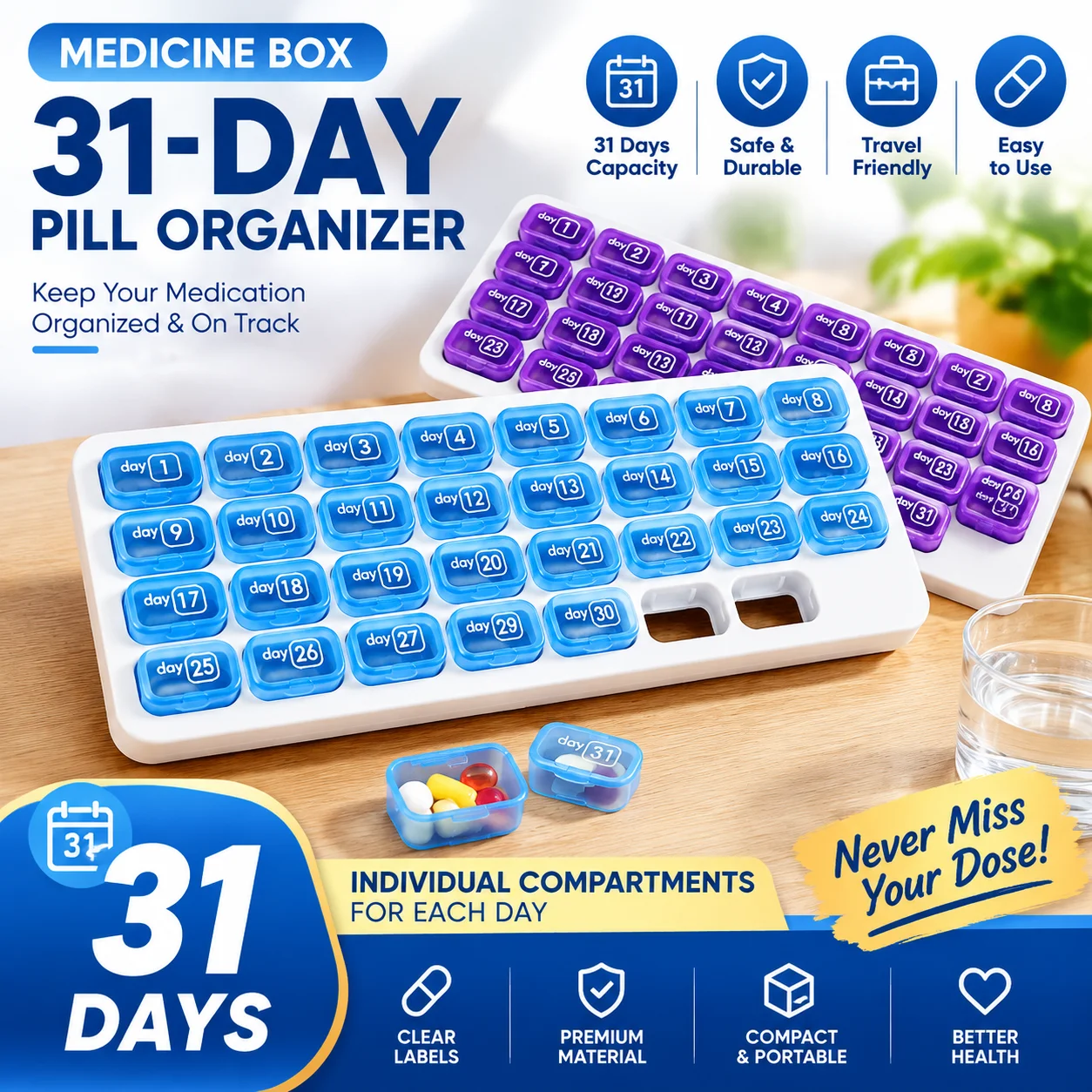 31 Day Monthly Pill Organizer Portable Travel Medicine Case Independent Compartment Numbered Pill Dispenser Family Storage Box