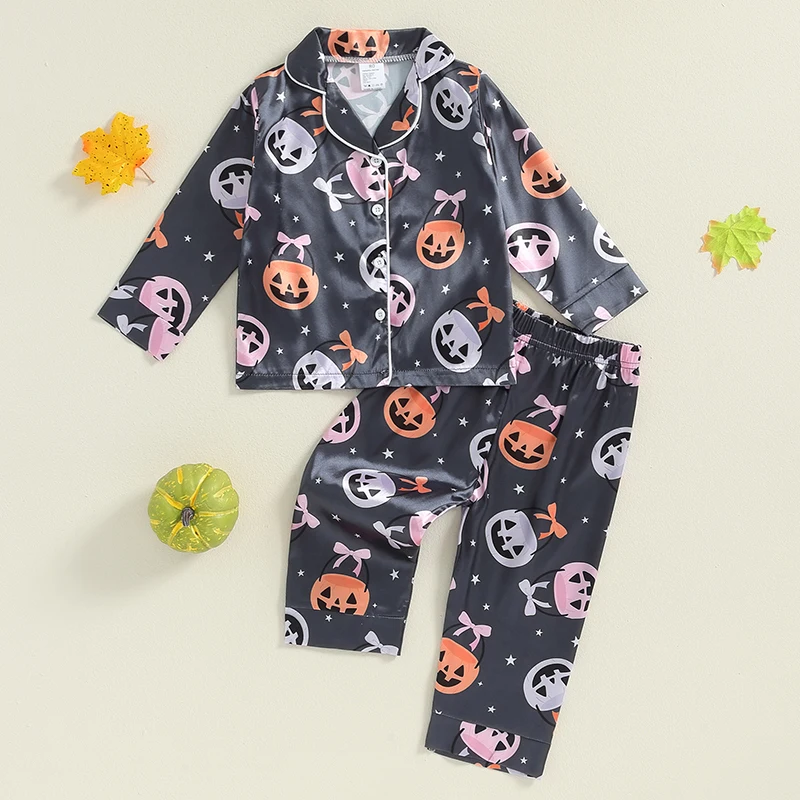 2024-06-13 Lioraitiin 1-7Y Kids Girls Halloween Pajama Sets Long Sleeve Lapel Pumpkin/Bow Print Shirt Pants Sleepwear