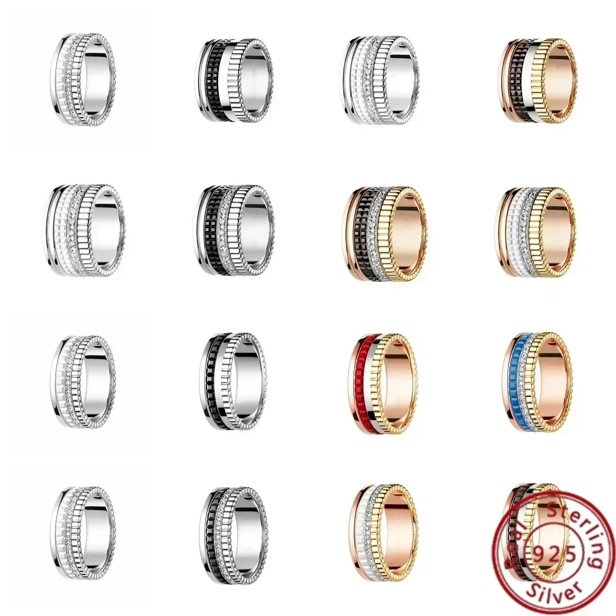

Classic Luxury Circular Belt Drill S925 Silver Ring - Spiral Design, Black/White/Brown Ceramic