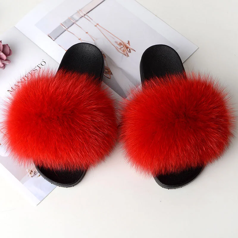 Fur Slippers Summer Women Real Fox Fur Slides Home Furry Flat Sandals Non-Slip Fluffy Flip Flops Ladies Woman Cute Plush Shoes