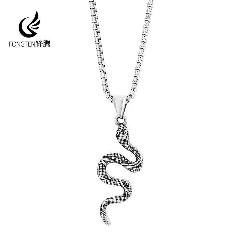 Fongten Snake Pendant Necklace For Men Stainless Steel Animal Box Pearl Link Chain Necklace for Men Hip Hop Choker Fashion Gift