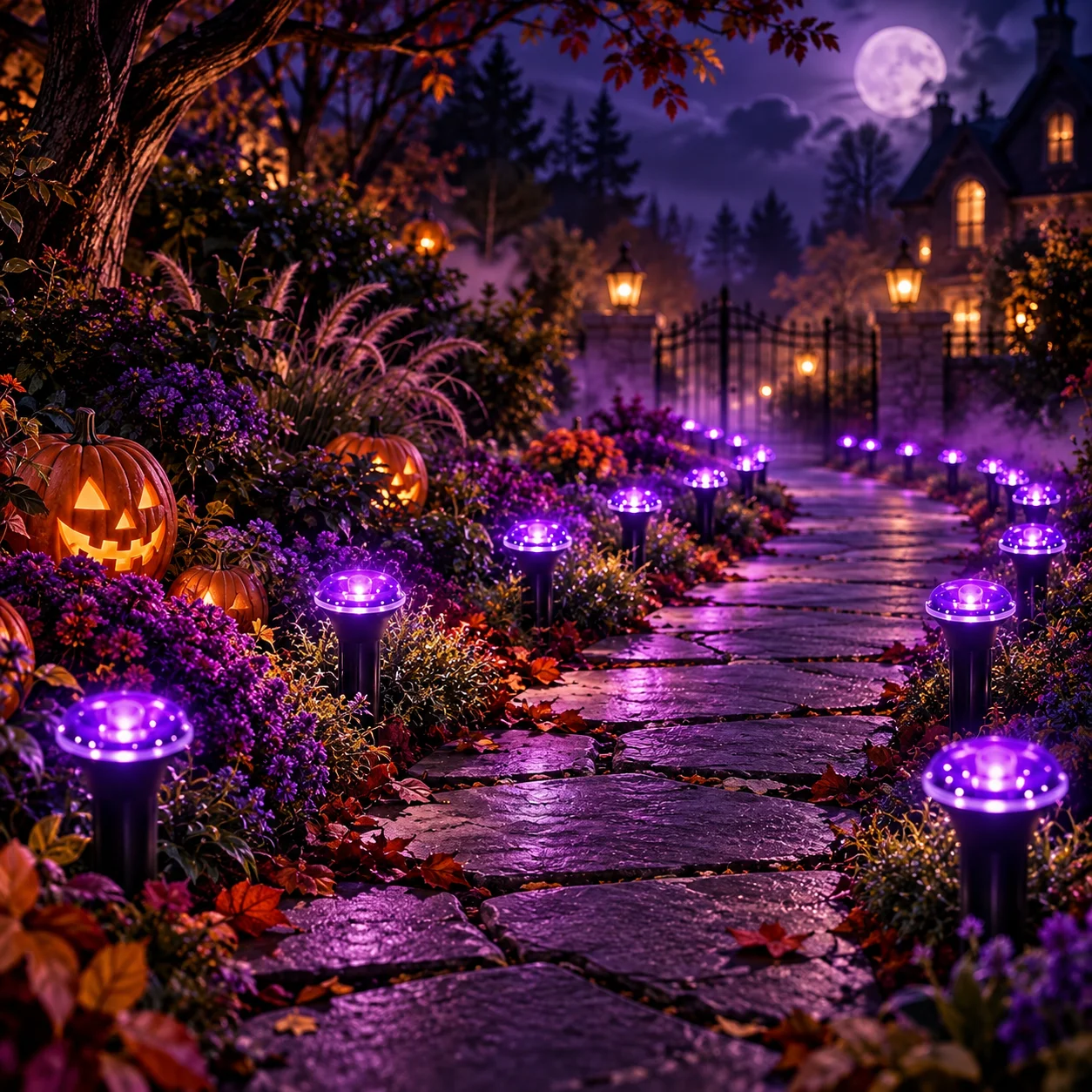40/30/20/10 LED Halloween Solar-Gartenleuchten, Außen-Wegleuchten, lila Rasenleuchten für Gehwege, Hof, Terrasse, gruselige Party-Dekoration – Detail 1