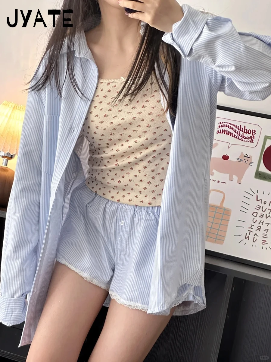 Sweet Blue Gestreepte Blouse Shorts Sets Vrouwen Nieuwe Losse Knopen Trekkoord Rechte Korte Broek Casual Vintage 2 Delige Set Outfit